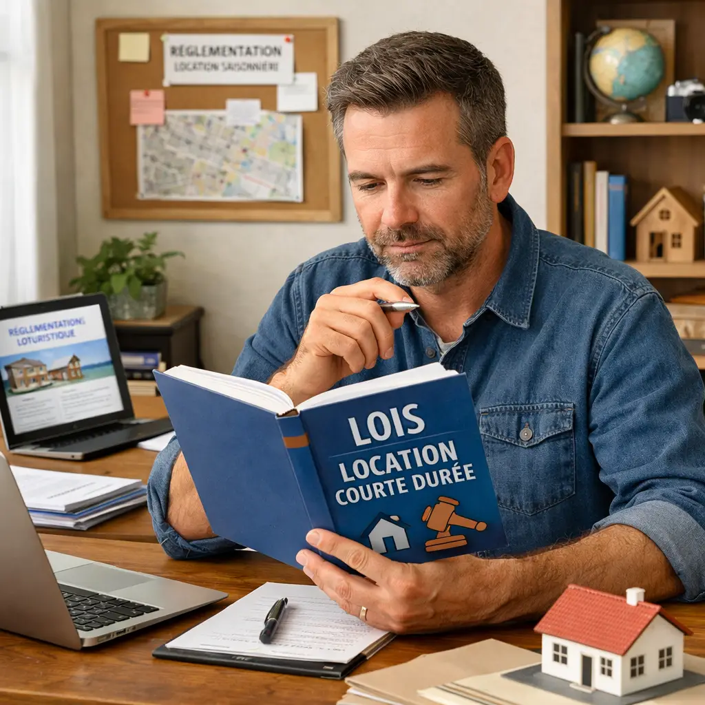 Propriétaire assis à son bureau, lisant un guide sur les lois de la location courte durée, avec un ordinateur portable et des documents.