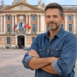 Propriétaire debout devant la mairie de Toulouse (Le Capitole), bras croisés, sur la place du Capitole.