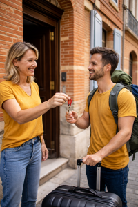 Une propriétaire remet les clés d’un logement à un voyageur avec sa valise, devant une façade en briques typique de Toulouse.