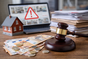 Un marteau de juge posé sur des billets en euros, avec une maquette de maison, des dossiers empilés et un ordinateur affichant une alerte en arrière-plan.