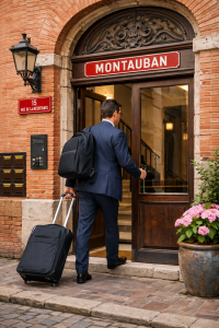 Commercial d’environ 40 ans, en costume, valise à roulettes et sac à dos, entrant dans un immeuble à Montauban aux façades en briques rouges typiques de la région.