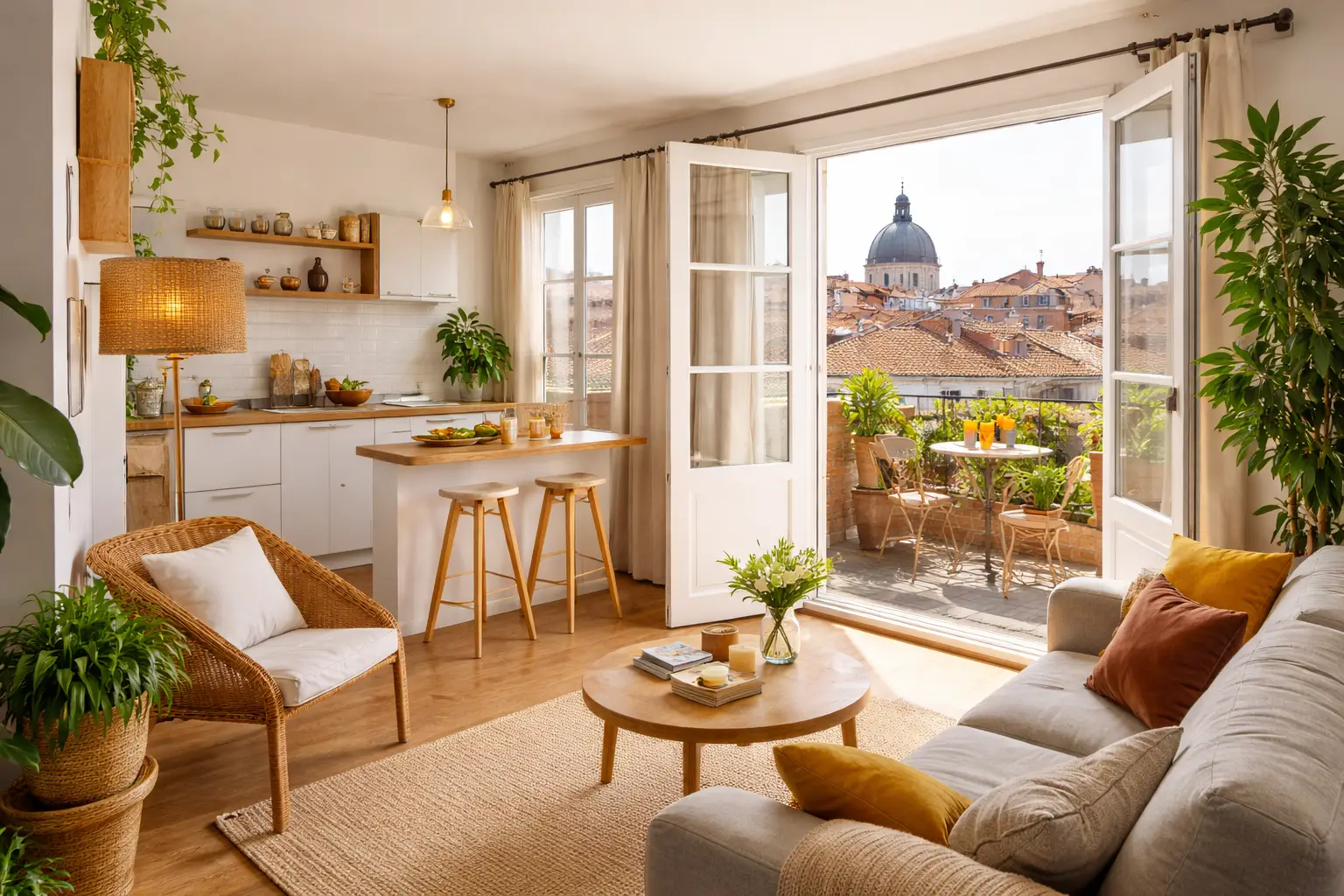 Appartement Airbnb lumineux à Toulouse avec balcon et vue sur les toits de la ville