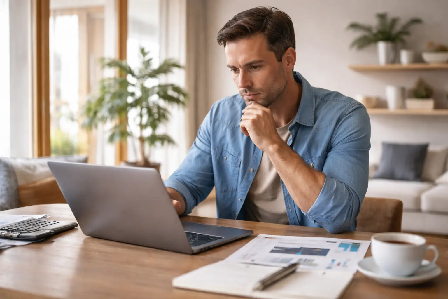 Propriétaire d’environ 40 ans, concentré devant son ordinateur portable, comparant des conciergeries Airbnb depuis son salon.