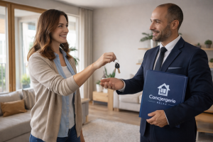Propriétaire remettant les clés de son appartement à un professionnel de conciergerie, symbole de délégation de gestion locative.