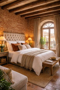 Chambre Airbnb à Montauban avec murs en briques rouges, poutres apparentes et lit premium grande taille à tête de lit capitonnée, mise en valeur par une lumière chaude.
