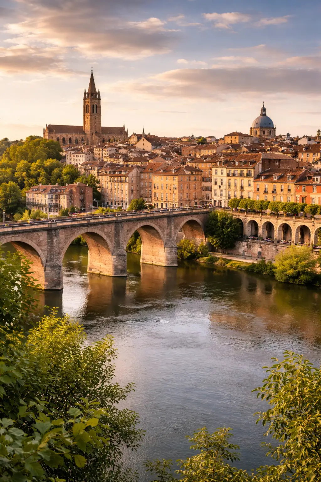Vue panoramique de Montauban au coucher du soleil, avec le Pont Vieux en briques rouges au premier plan, la rivière Tarn et les monuments du centre historique en arrière-plan.