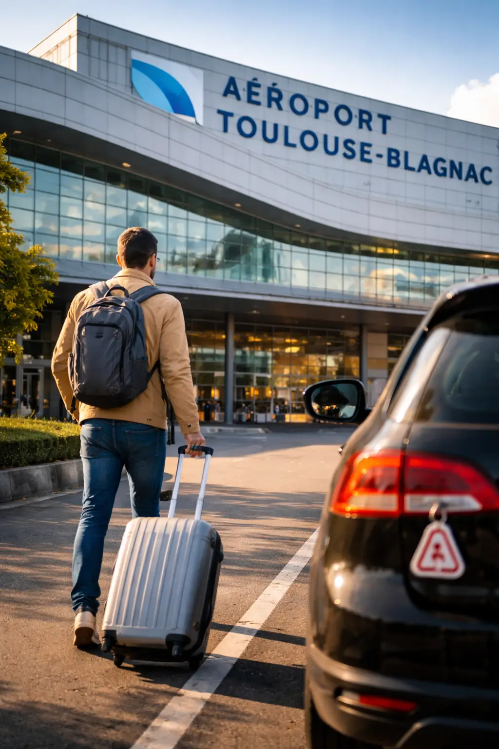 Voyageur avec valise et sac à dos devant l’aéroport Toulouse-Blagnac, se dirigeant vers une voiture pour rejoindre son Airbnb.