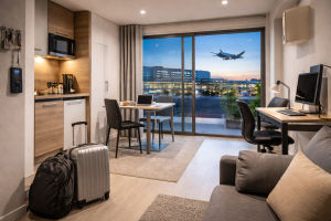 Appartement Airbnb fonctionnel près de l’aéroport, avec kitchenette, bureau, valise et vue sur un avion au décollage