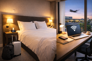 Chambre Airbnb confortable près de l’aéroport avec lit double, bureau de travail, wifi et valise prête pour un départ matinal.