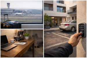 Airbnb proche de l’aéroport Toulouse-Blagnac avec vue sur les pistes et un avion Airbus.