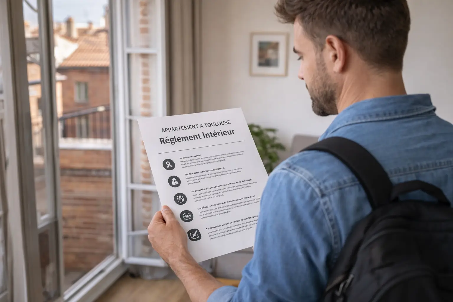 Un voyageur lit le règlement intérieur d’un appartement Airbnb à Toulouse, près d’une fenêtre avec vue sur des briques toulousaines.