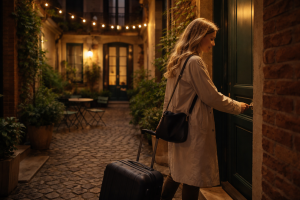 Une voyageuse rentre tard le soir dans son logement avec sa valise, au cœur d’une cour partagée entourée d’autres appartements résidentiels.