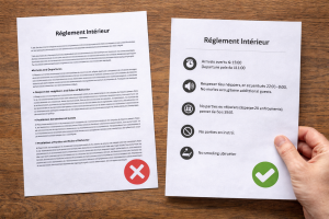 Deux feuilles de règlement intérieur sont posées côte à côte sur une table en bois, l’une dense et difficile à lire, l’autre plus aérée et structurée.