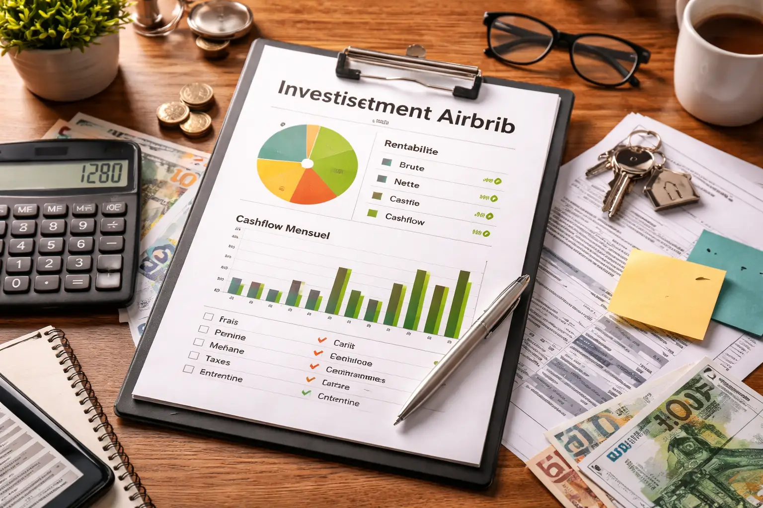 Des documents financiers, une calculatrice, des clés et des billets sont disposés sur une table en bois pour illustrer l’analyse de rentabilité d’un investissement en location courte durée.