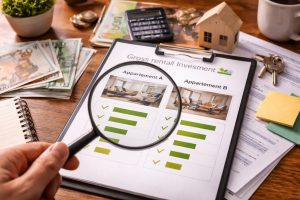 Une loupe posée sur un document comparatif de deux biens immobiliers, entouré d’une calculatrice, de billets, de clés et d’une petite maison en bois.