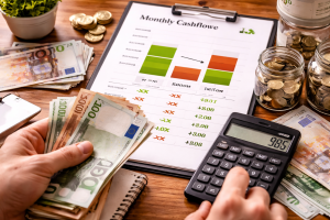 Des mains comptent des billets en euros à côté d’une calculatrice, de pièces et d’un carnet sur une table en bois.