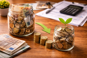 Deux bocaux remplis de pièces et de billets sont posés sur une table, avec une petite plante qui pousse dans l’un d’eux, symbole de la marge conservée après les dépenses.