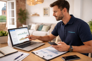  Un concierge analyse les performances d’un logement Airbnb sur son ordinateur dans un appartement lumineux, avec tableaux, téléphone et documents de suivi.