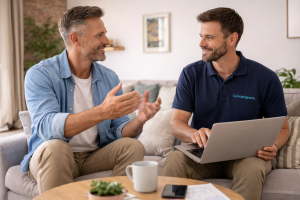  Un propriétaire échange avec un concierge assis à ses côtés, ordinateur sur les genoux, dans un salon lumineux, illustrant une relation de conseil et de partenariat.