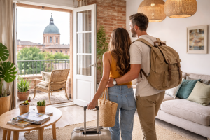 Deux voyageurs arrivent dans un Airbnb à Toulouse et découvrent un appartement lumineux avec balcon, mur en briques et vue sur le dôme de La Grave.