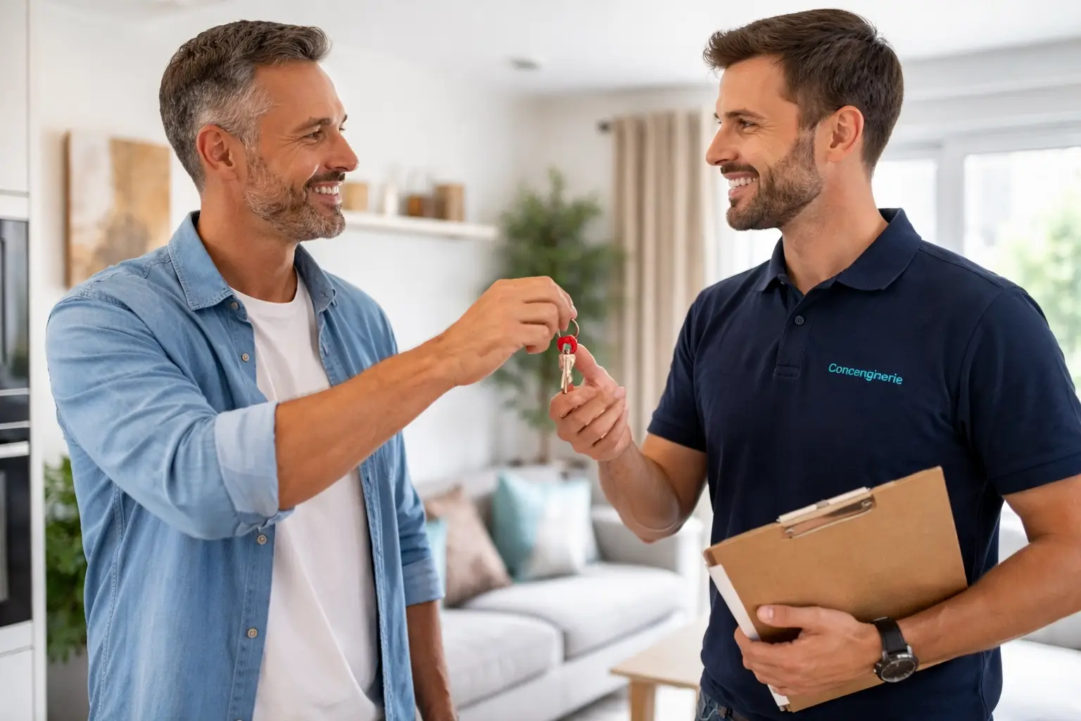 Un propriétaire remet un trousseau de clés à un concierge dans un appartement lumineux et moderne, symbole de la délégation de gestion d’un logement en location courte durée.