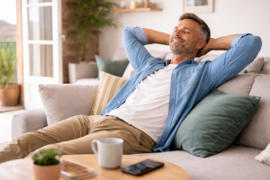  Un propriétaire se détend sur un canapé dans un salon lumineux, symbole de la tranquillité retrouvée grâce à une conciergerie Airbnb.
