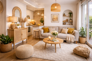 Un appartement soigneusement décoré avec une ambiance chaleureuse, des matières naturelles et une décoration harmonieuse.